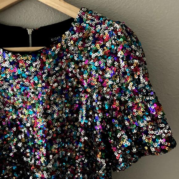 Sugar Lips NEW Sequin Bubble Sleeve Top - Neptune - Medium - Picture 4 of 10